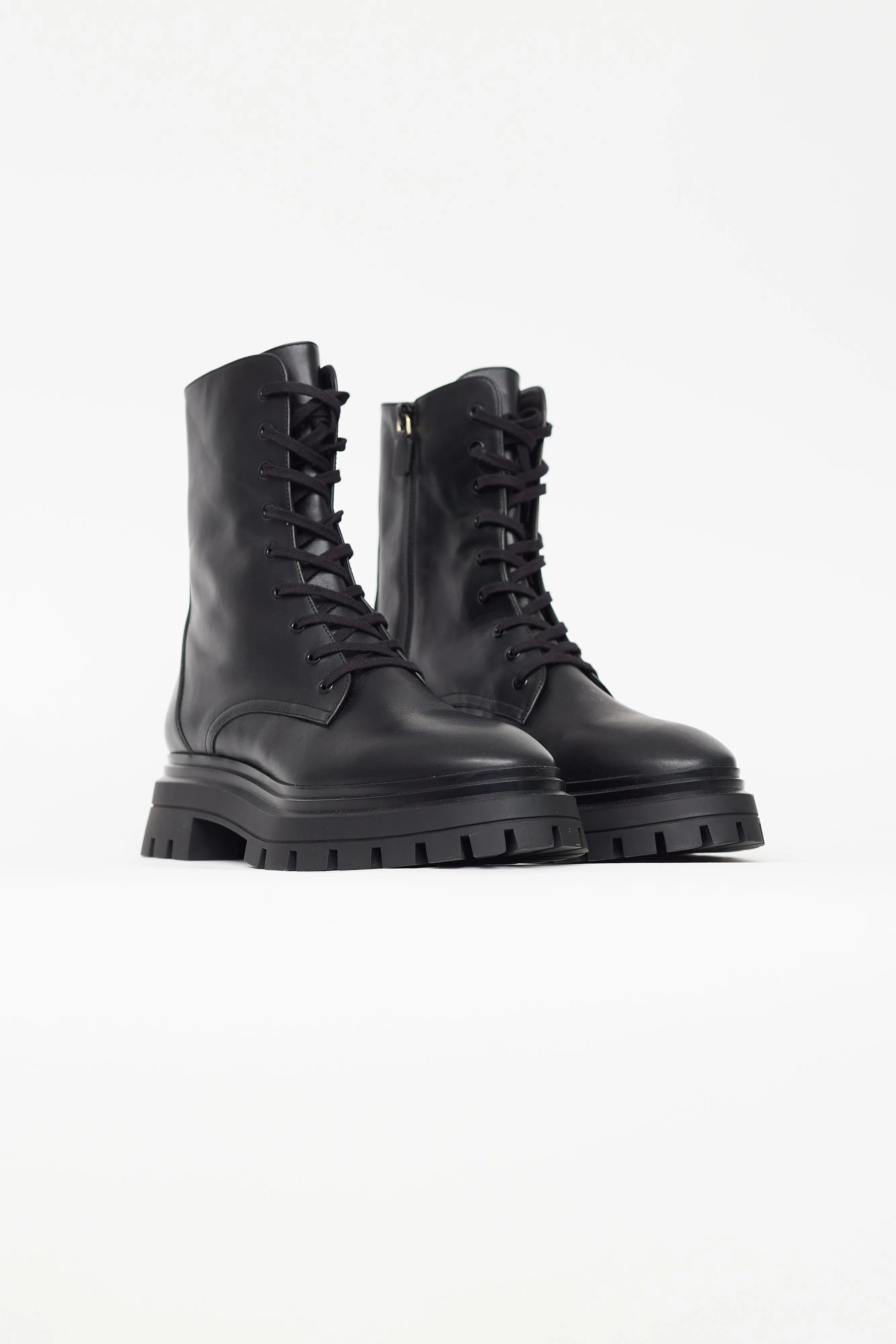 Black Leather Combat Ankle Boot