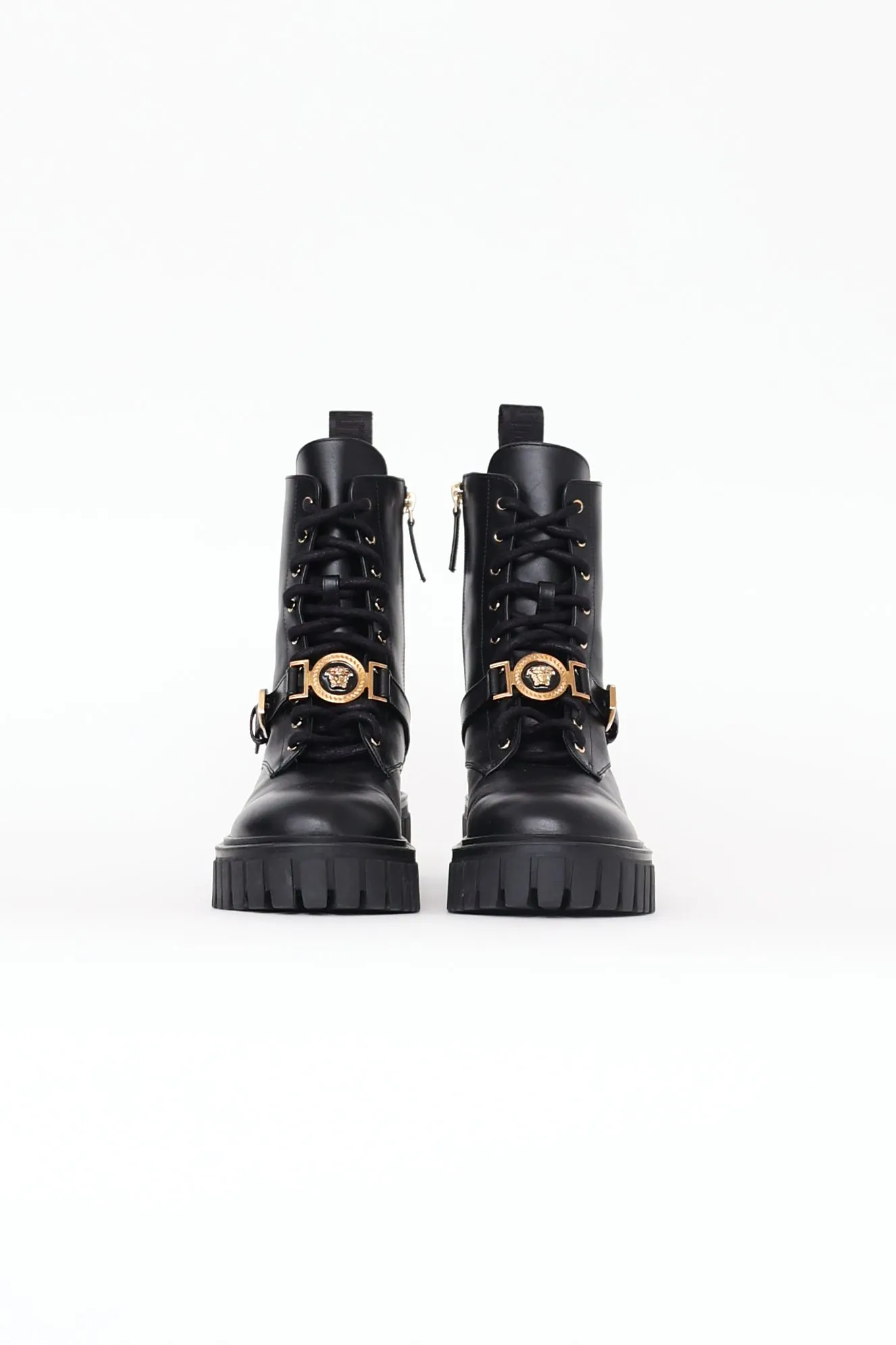 Black Leather Medusa Combat Boots
