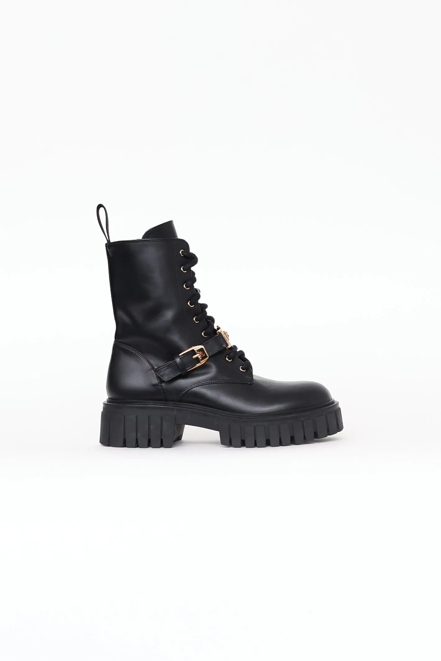 Black Leather Medusa Combat Boots
