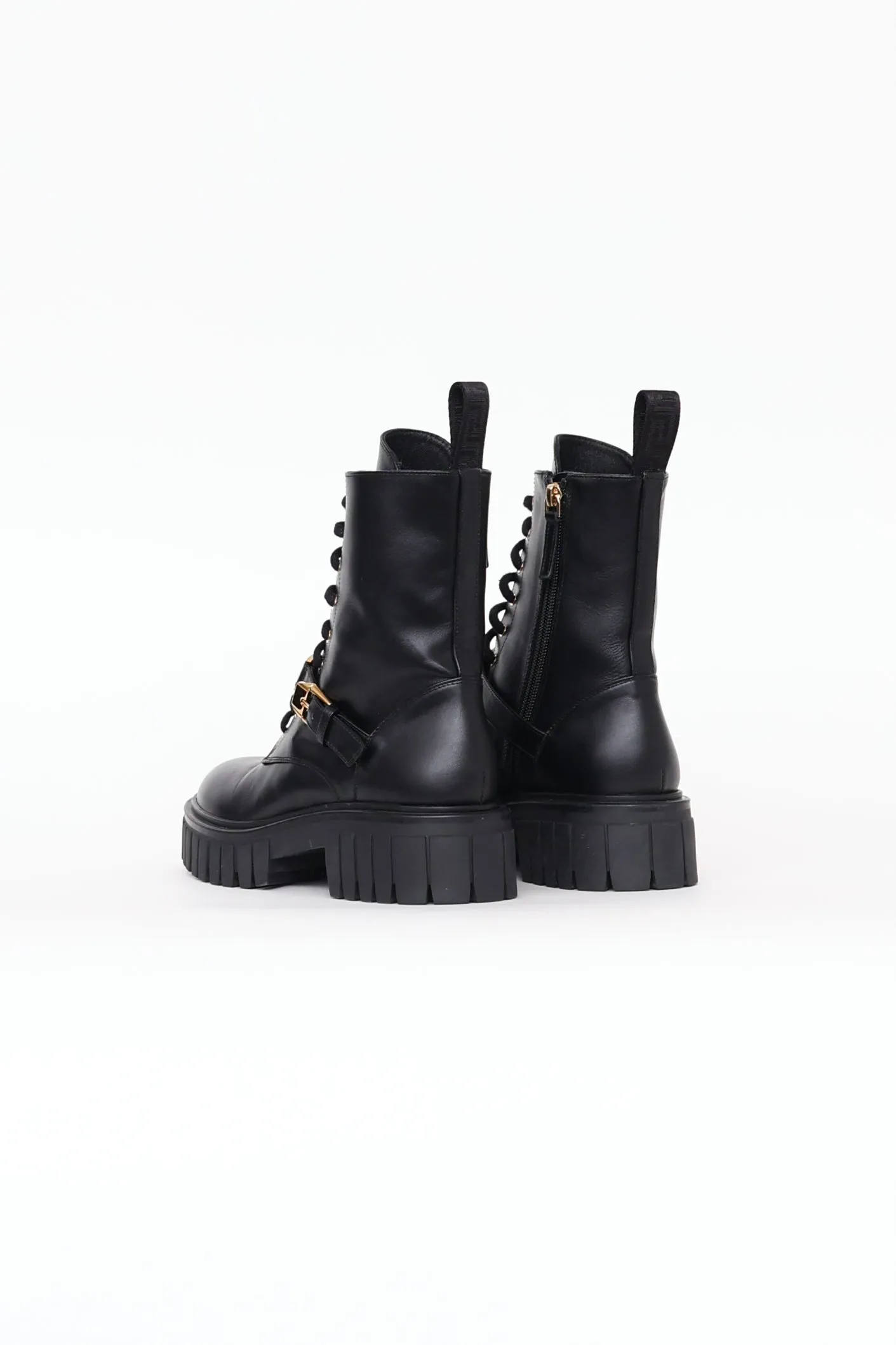 Black Leather Medusa Combat Boots