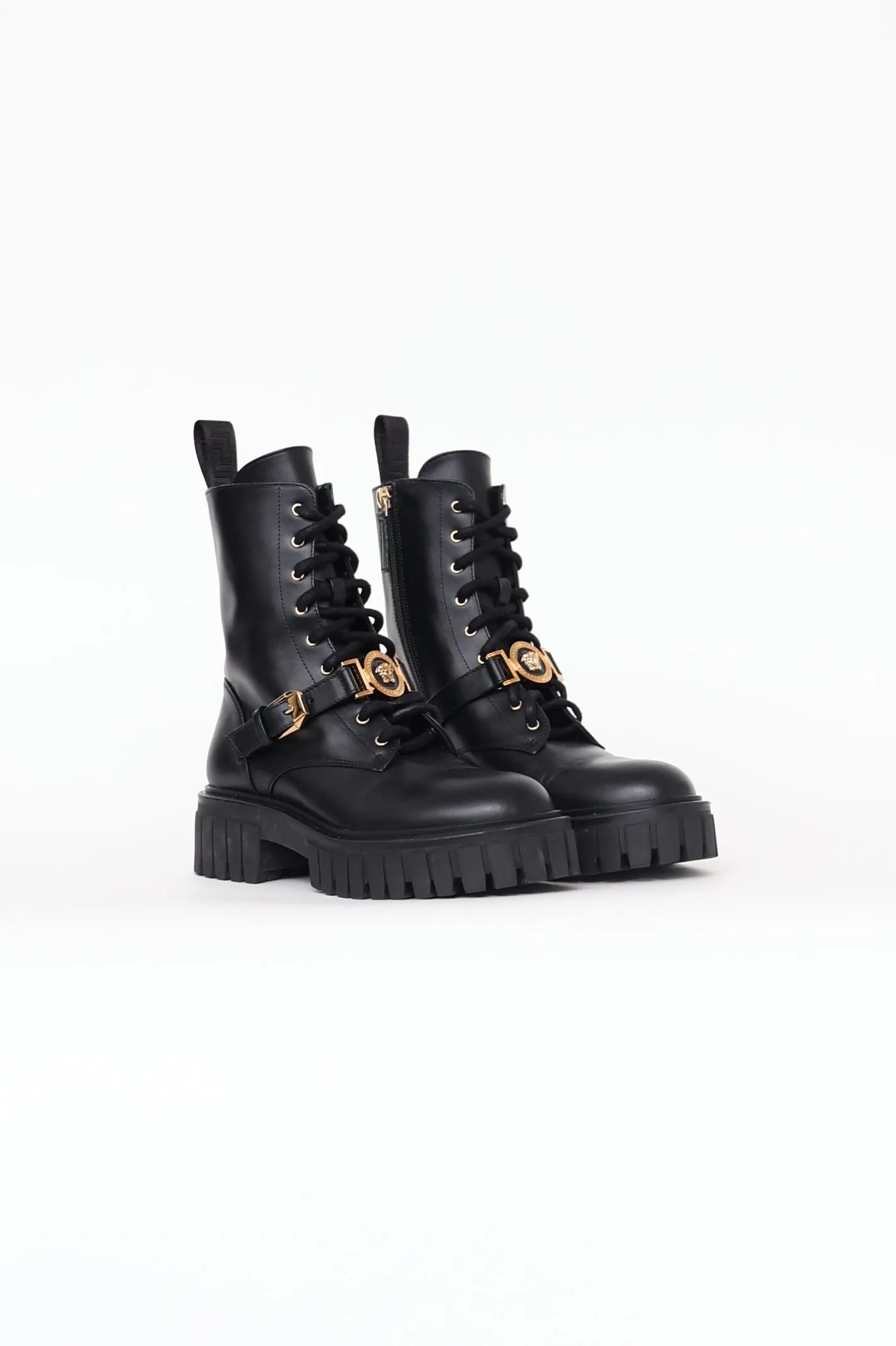 Black Leather Medusa Combat Boots