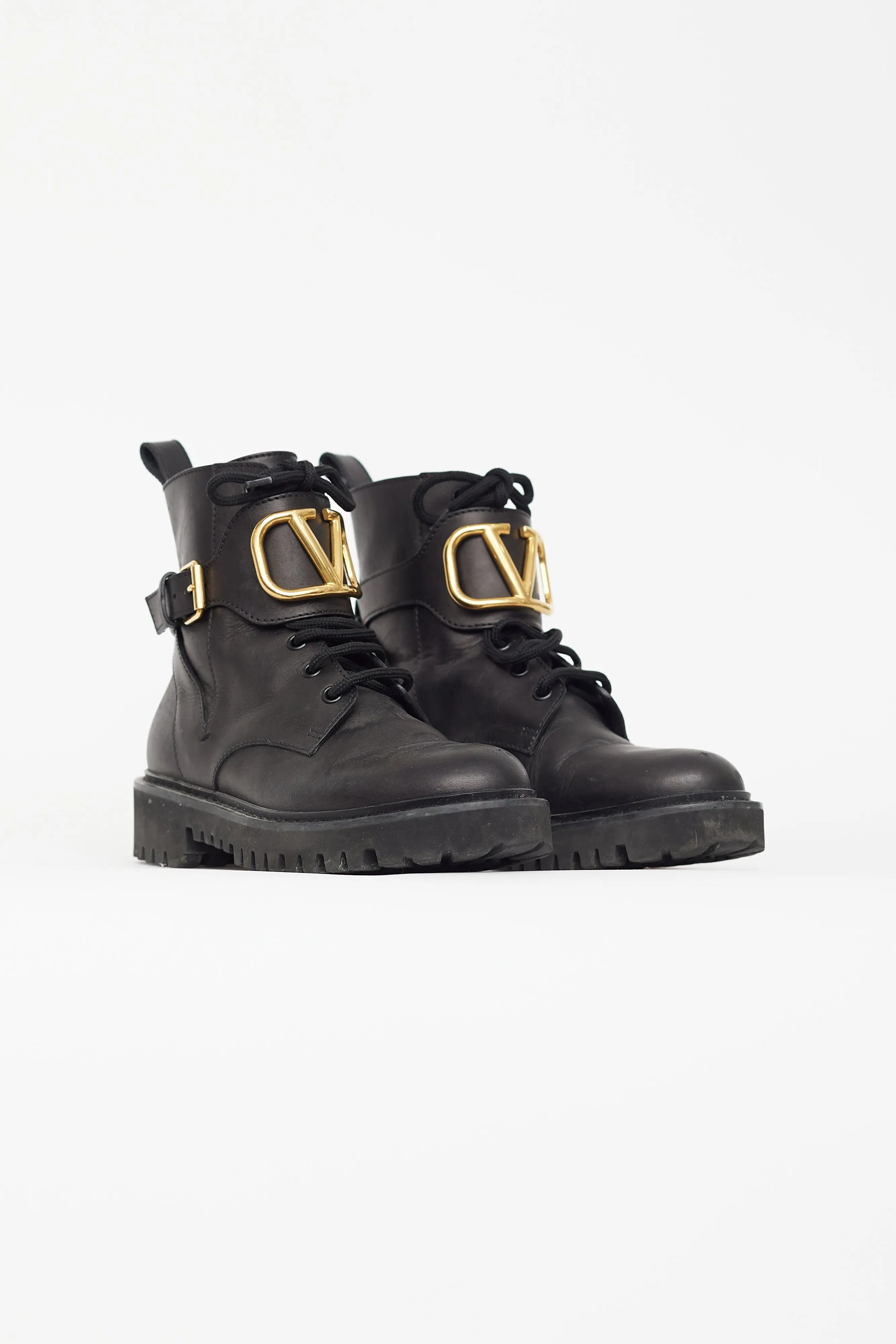 Black Leather VLogo Combat Boot