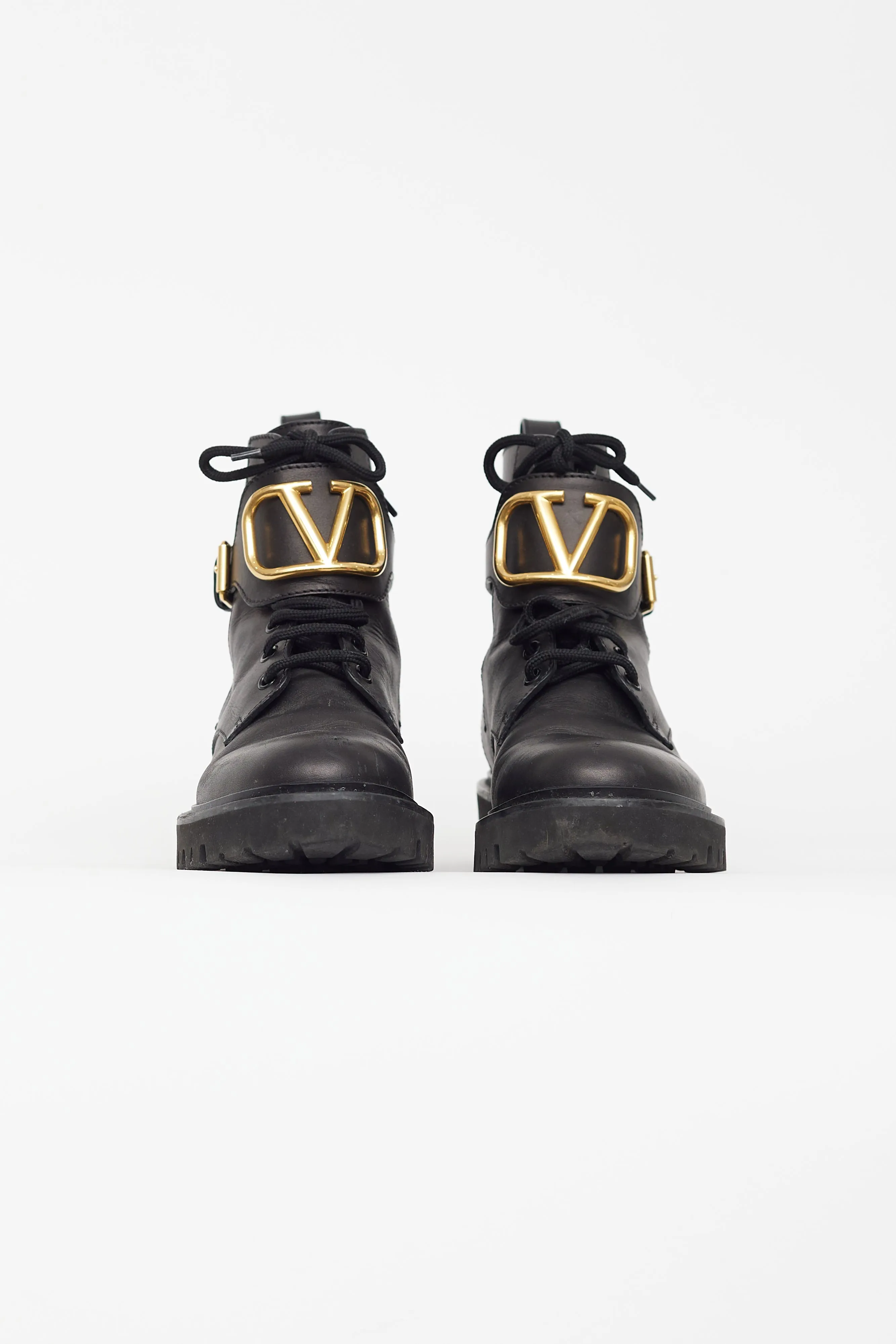 Black Leather VLogo Combat Boot