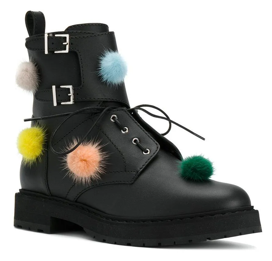 Black Pom Pom Combat Boots