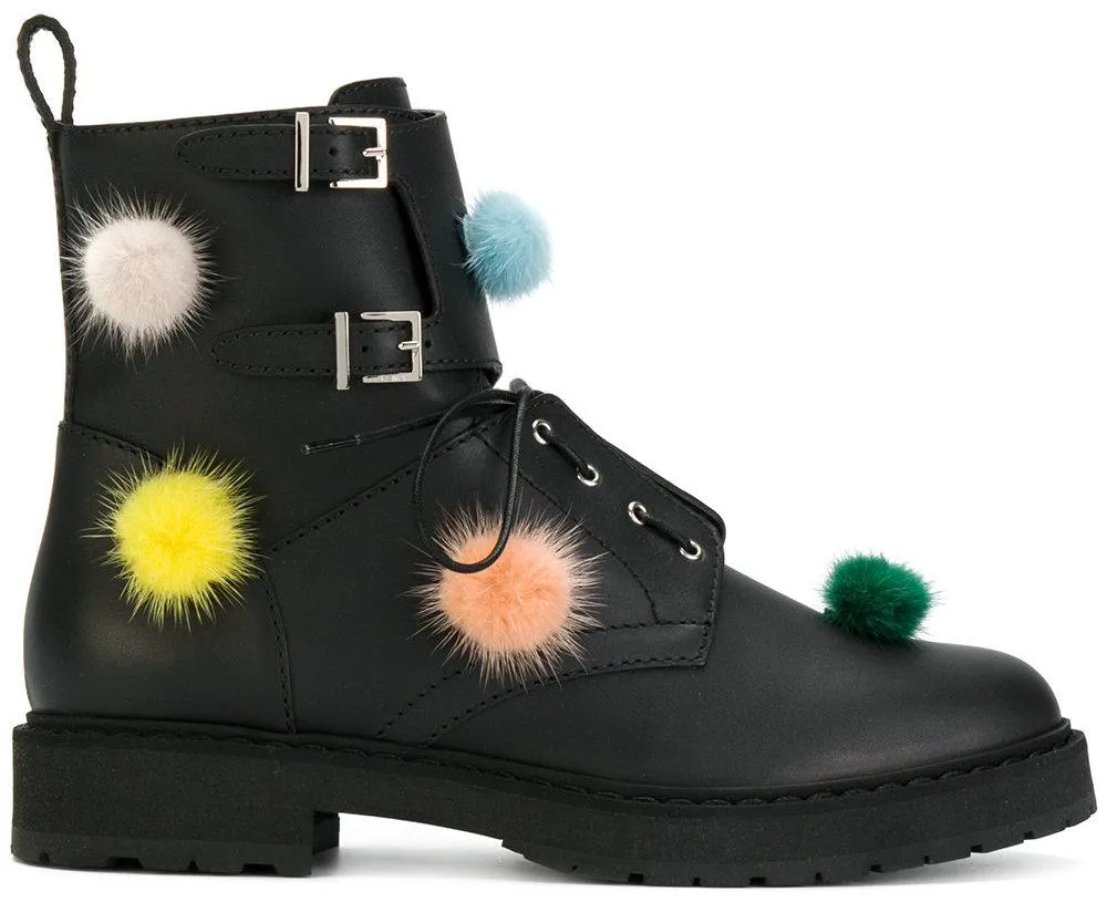 Black Pom Pom Combat Boots