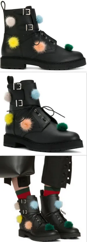 Black Pom Pom Combat Boots