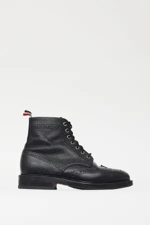 Black Textured Leather Eyelet Cutout Boot