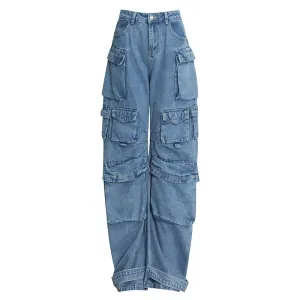 Cool Multiple Pocket Detail High Waist Wide Leg Cargo Jeans