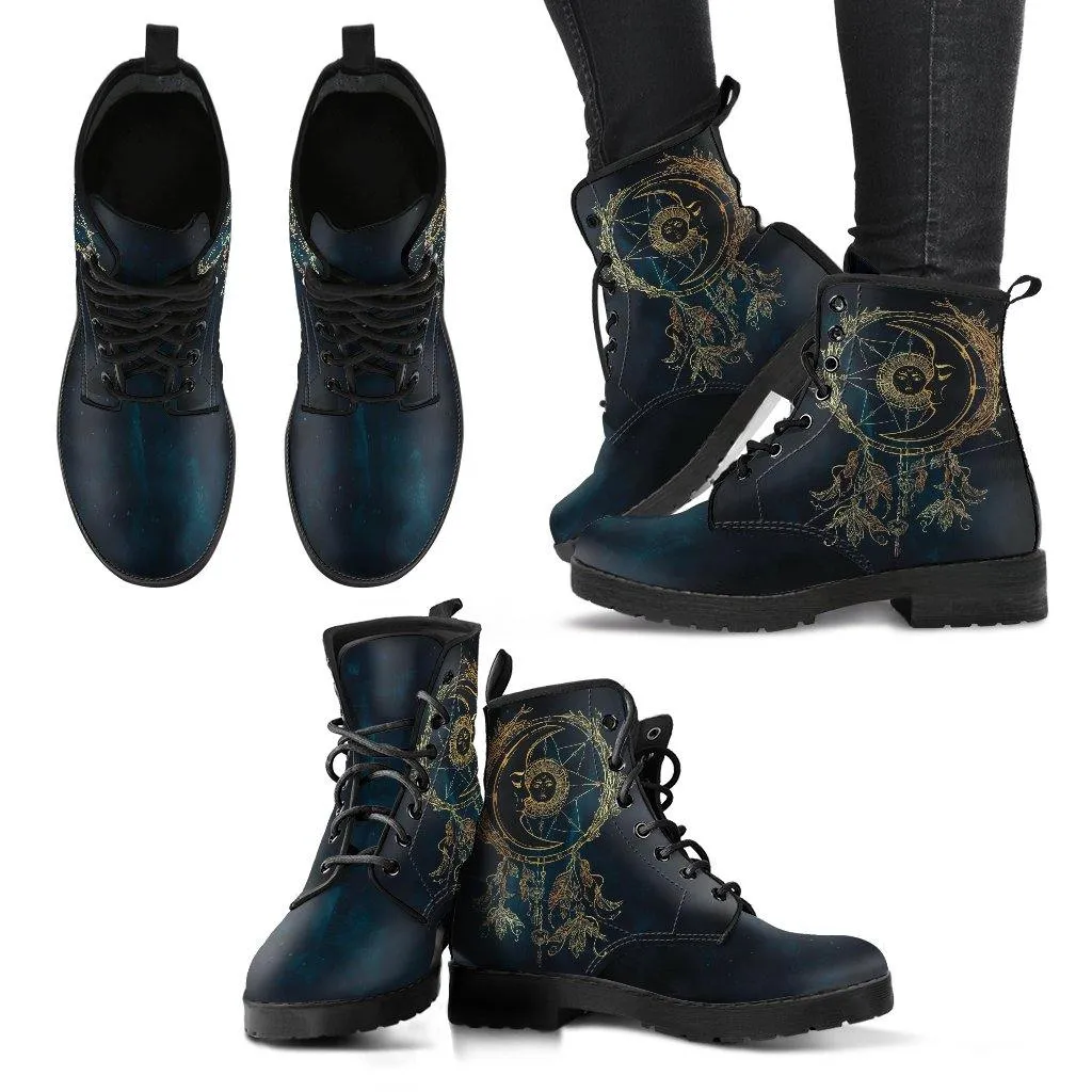 Deep Blue Moon Dreamcatcher  Memory Foam Boots | All Season Lace Up Boots | Vegan Leather Combat Boot by Manifestie