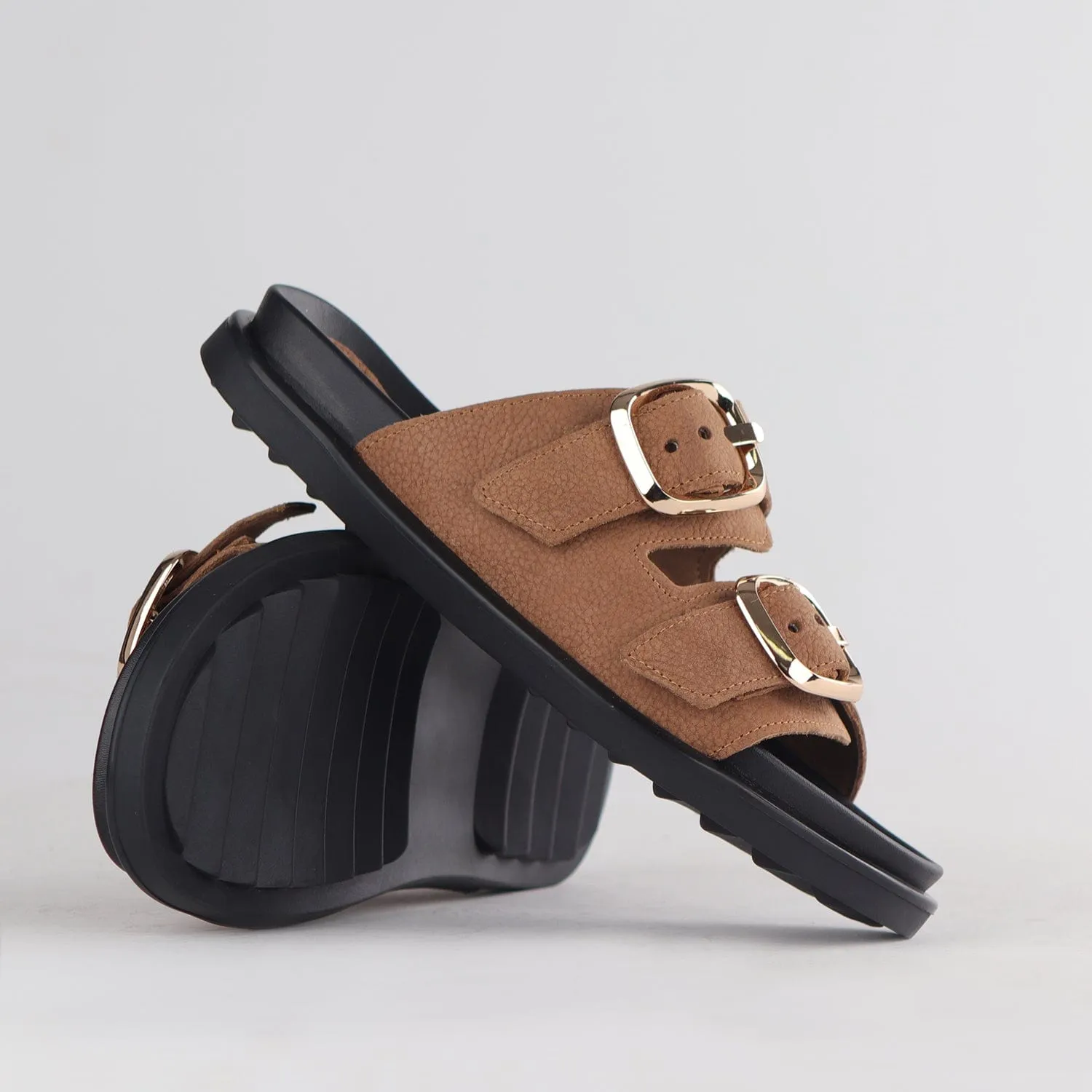 Double Buckle Birk Mules in Tobacco - 12681