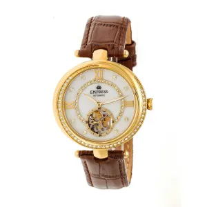 Empress Stella Automatic Semi-Skeleton MOP Leather-Band Watch - Brown/White