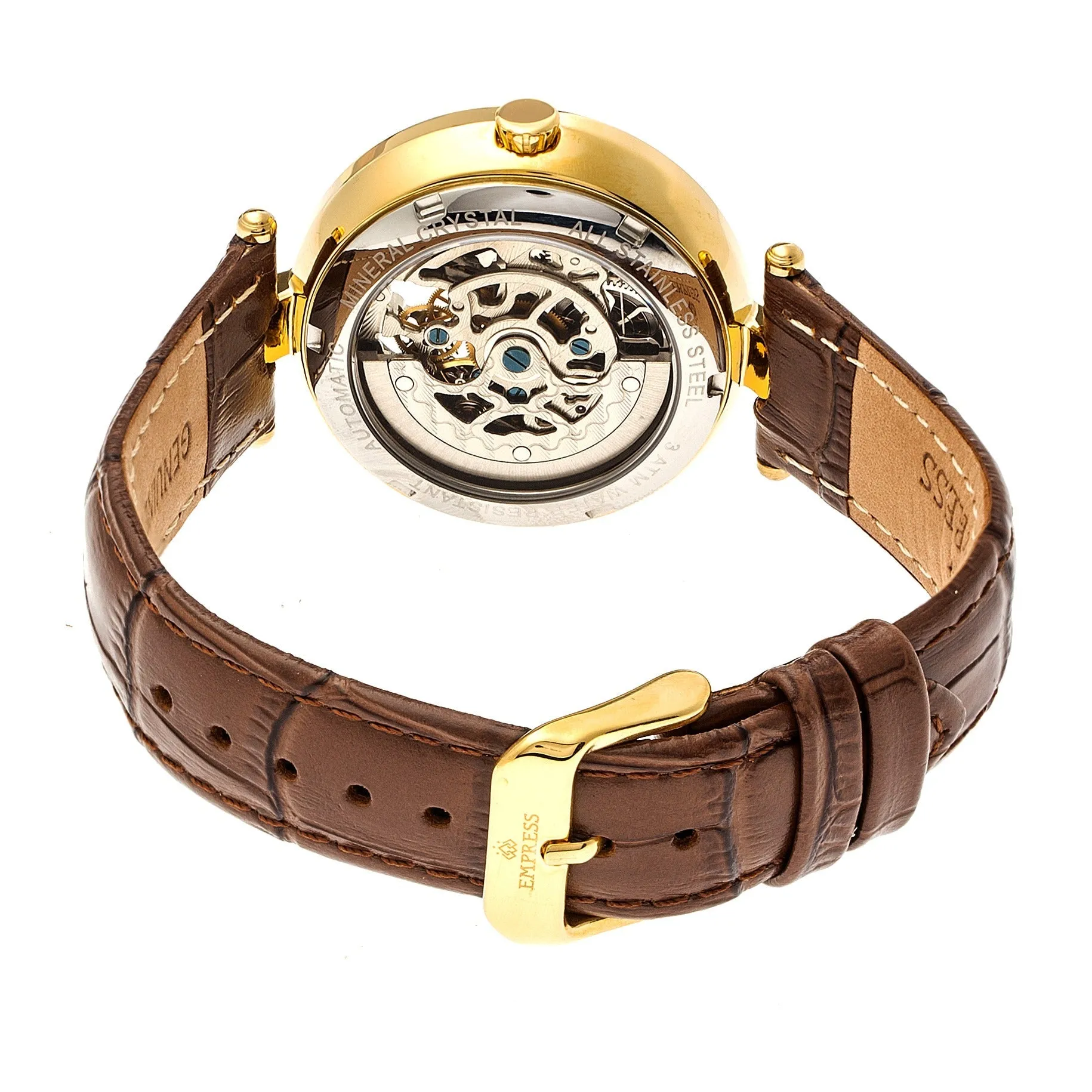 Empress Stella Automatic Semi-Skeleton MOP Leather-Band Watch - Brown/White