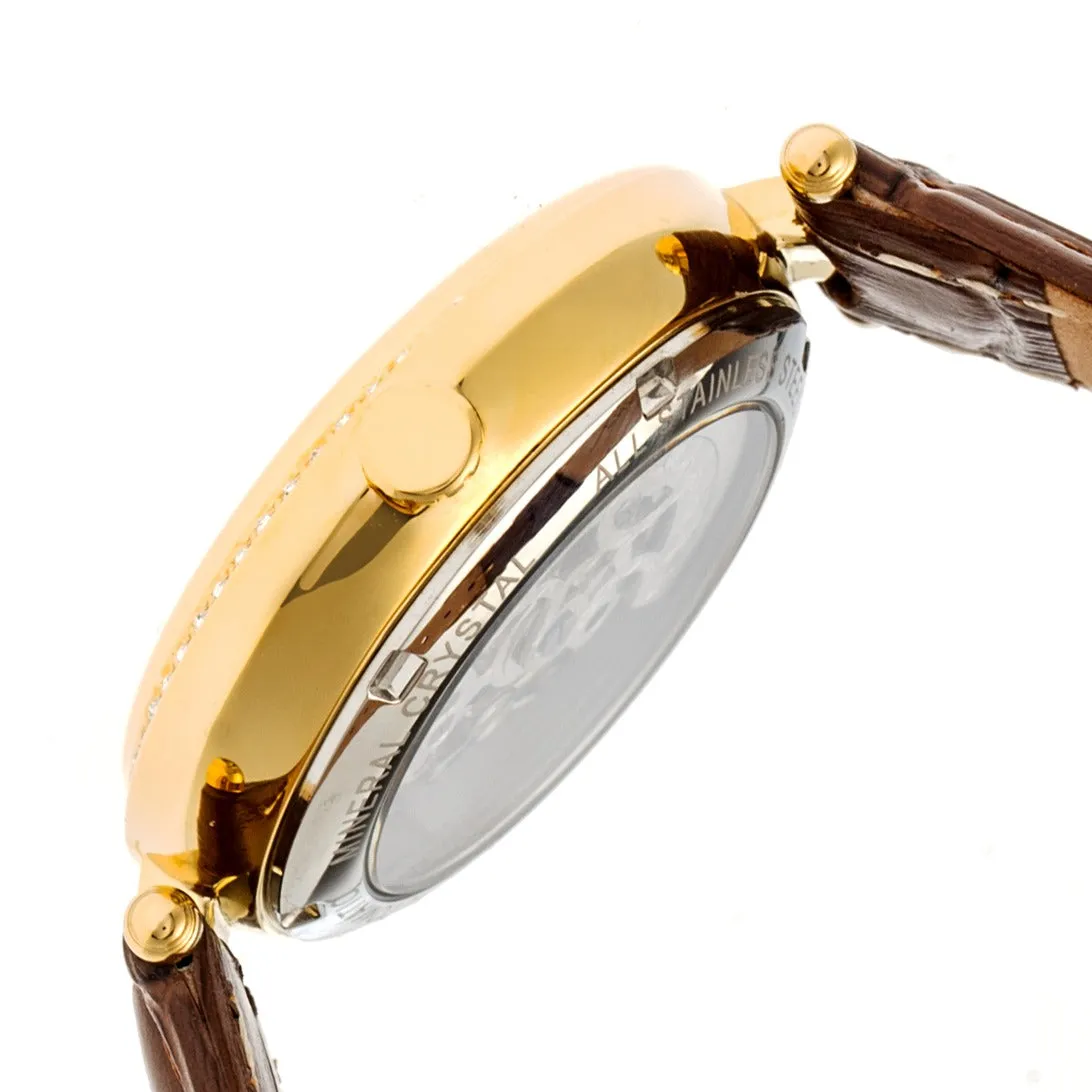Empress Stella Automatic Semi-Skeleton MOP Leather-Band Watch - Brown/White