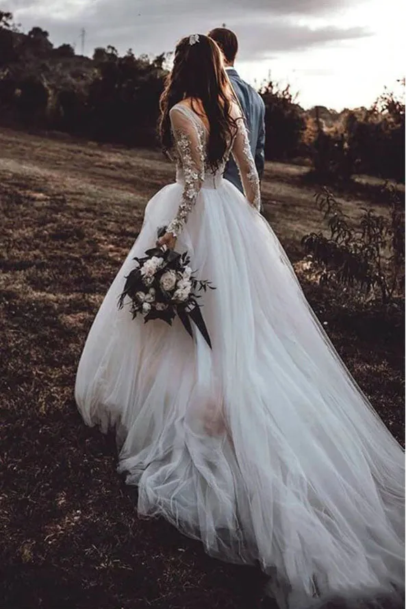 Graceful A-line Ivory Long Sleeves Tulle Appliques Lace Wedding Dresses OKV32