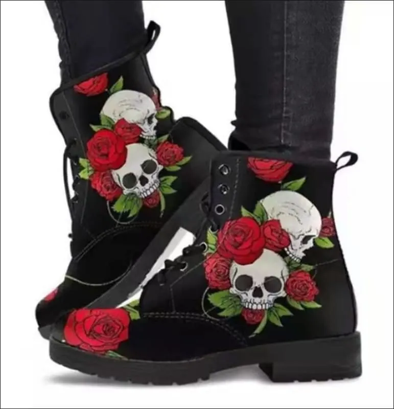 Ladies Gothic Alice in Wonderland Printed Ankle Boots for Unique Style