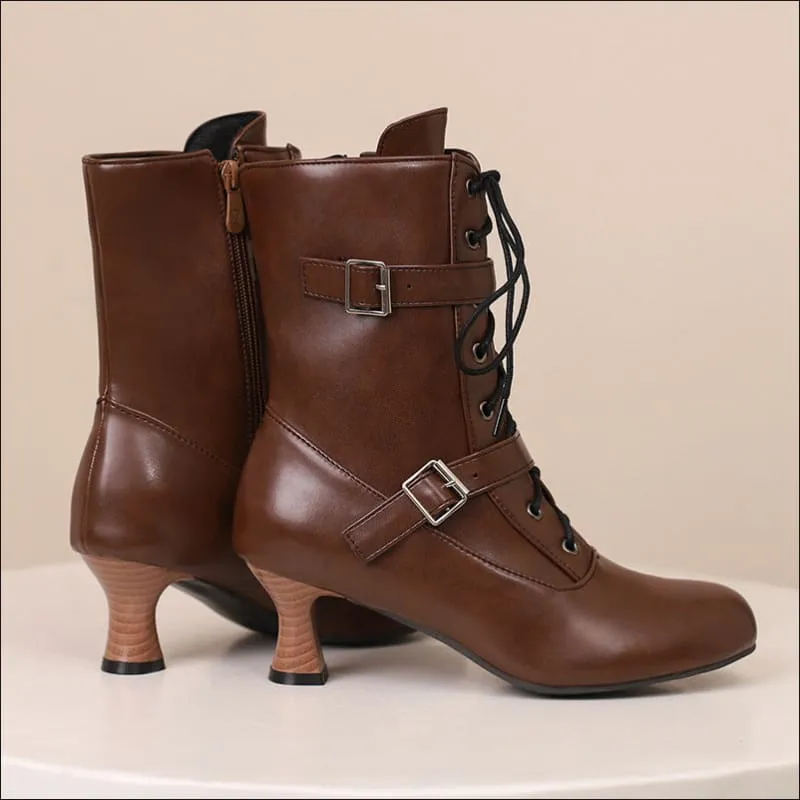 Ladies Mid Heel Lace-up Multi Buckle Ankle Boots