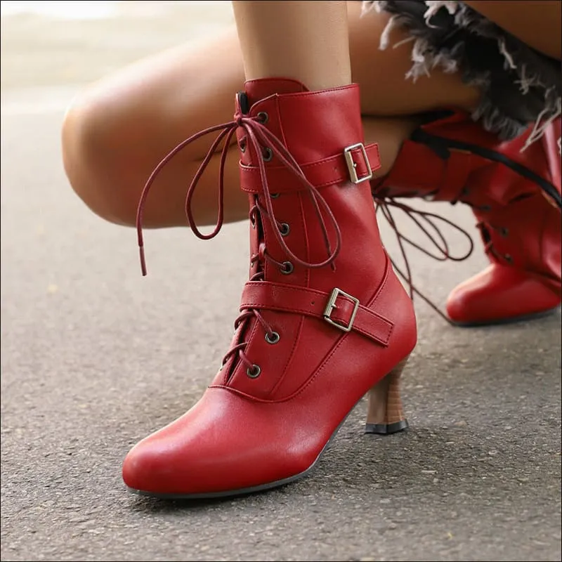 Ladies Mid Heel Lace-up Multi Buckle Ankle Boots