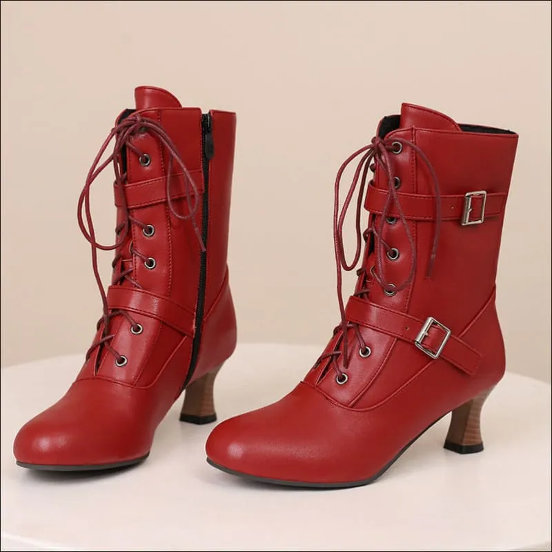 Ladies Mid Heel Lace-up Multi Buckle Ankle Boots