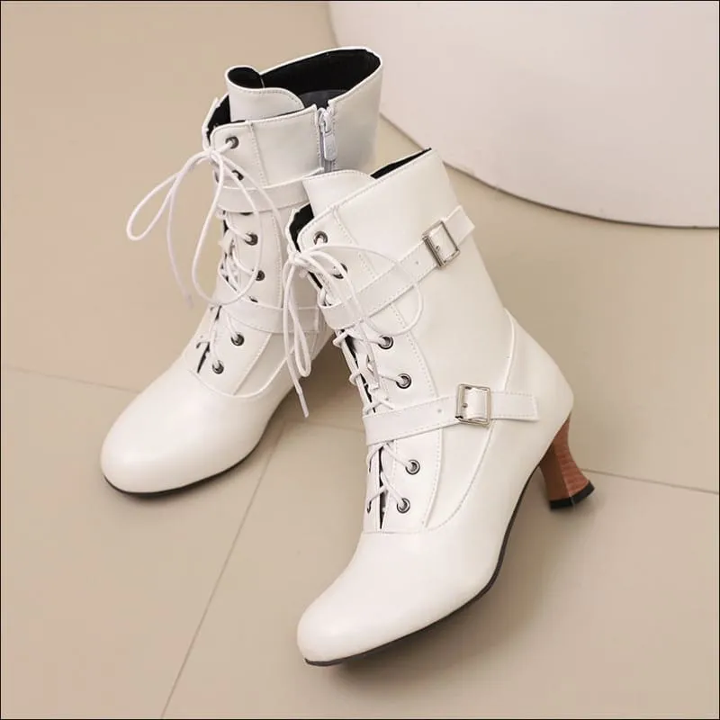 Ladies Mid Heel Lace-up Multi Buckle Ankle Boots