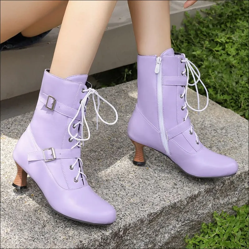 Ladies Mid Heel Lace-up Multi Buckle Ankle Boots
