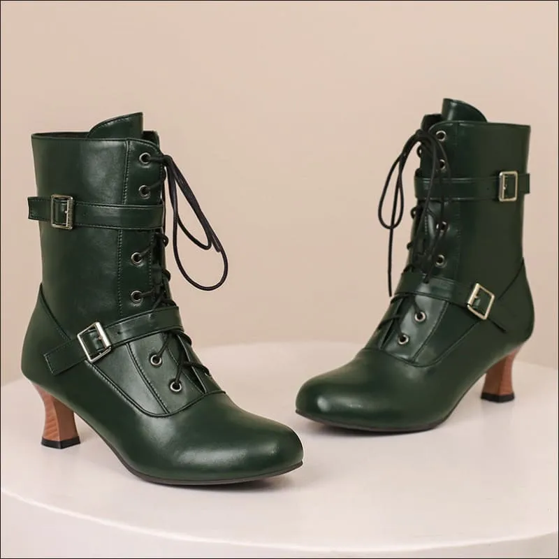 Ladies Mid Heel Lace-up Multi Buckle Ankle Boots