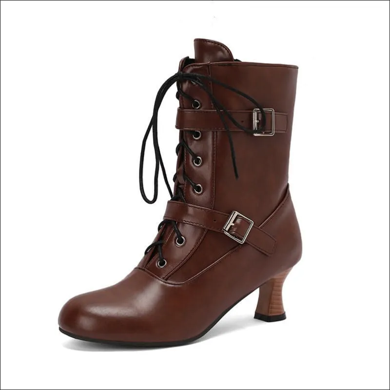 Ladies Mid Heel Lace-up Multi Buckle Ankle Boots