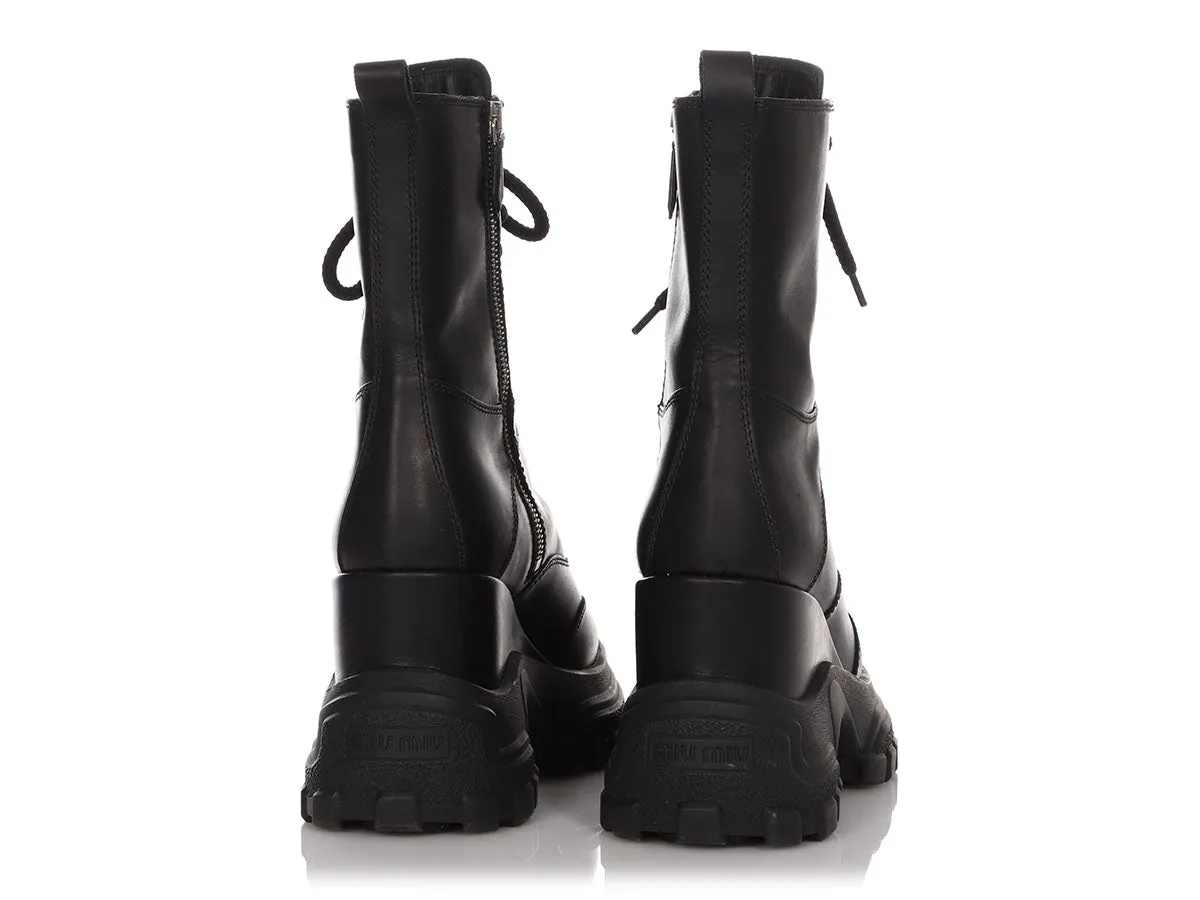 Miu Miu Black Side Zip Lace Up Combat Boots