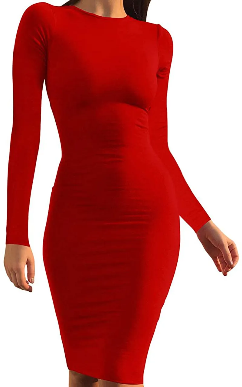 Mokoru Women's Casual Basic Pencil Dress Sexy Long Sleeve Bodycon Midi Club Dress