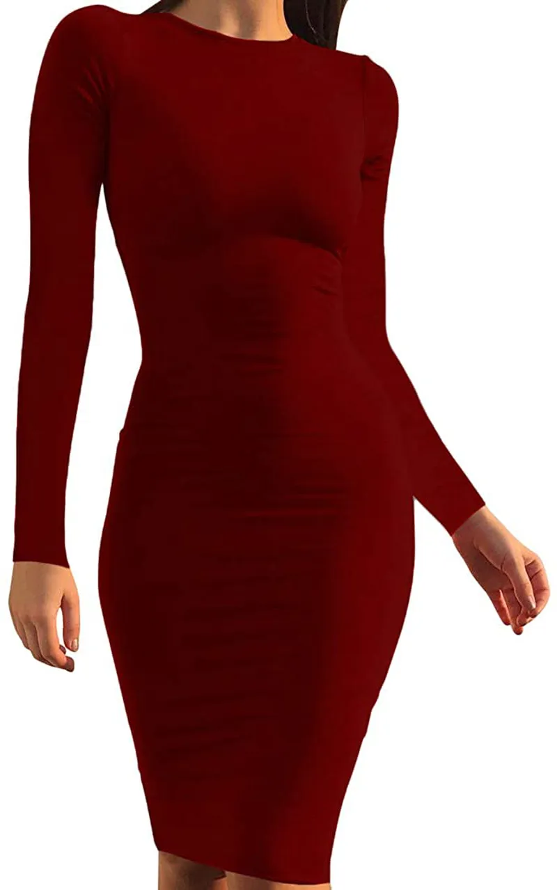 Mokoru Women's Casual Basic Pencil Dress Sexy Long Sleeve Bodycon Midi Club Dress