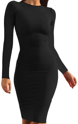Mokoru Women's Casual Basic Pencil Dress Sexy Long Sleeve Bodycon Midi Club Dress
