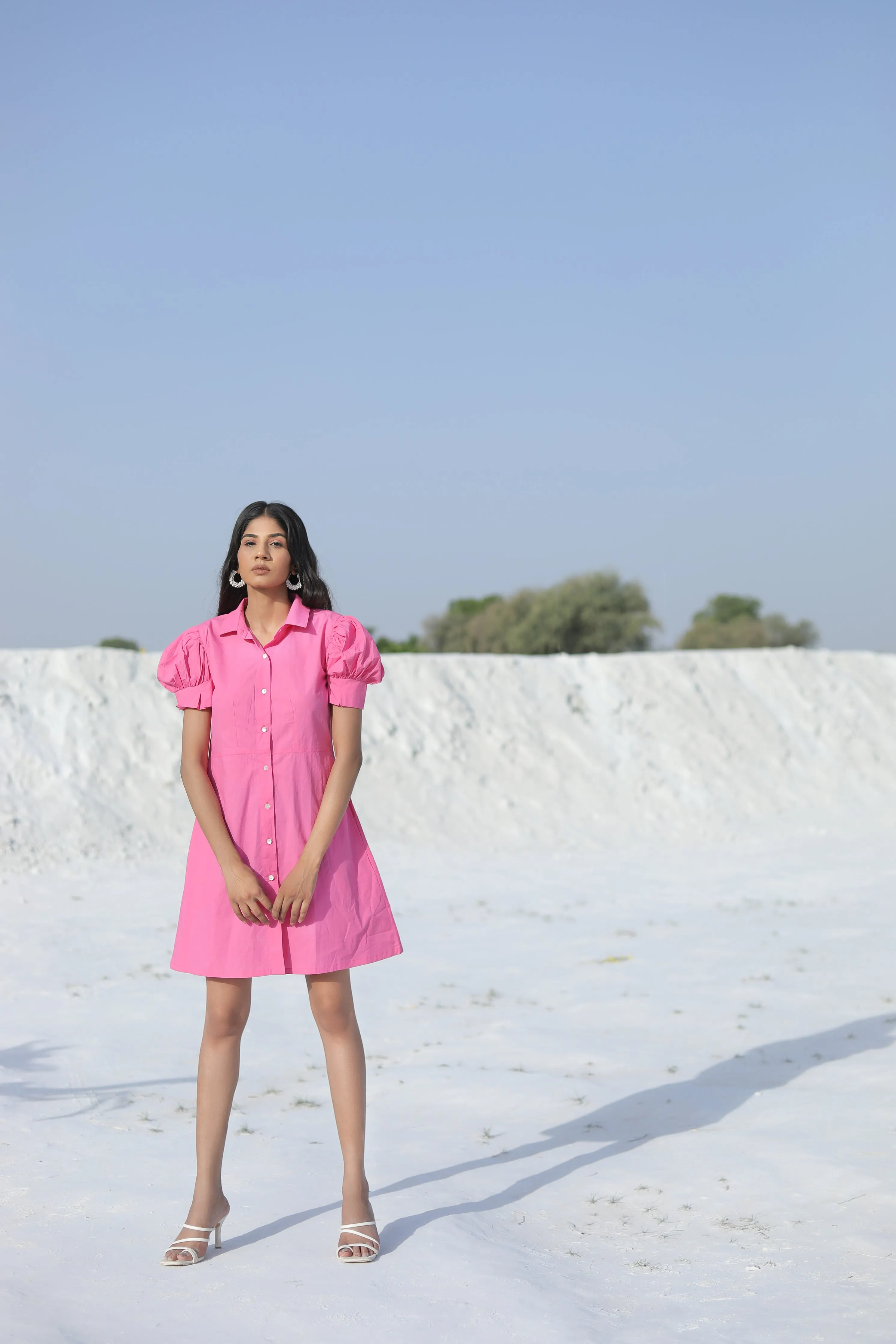 Pink Puff Sleeves in a Short Shirt Collar mini Dress