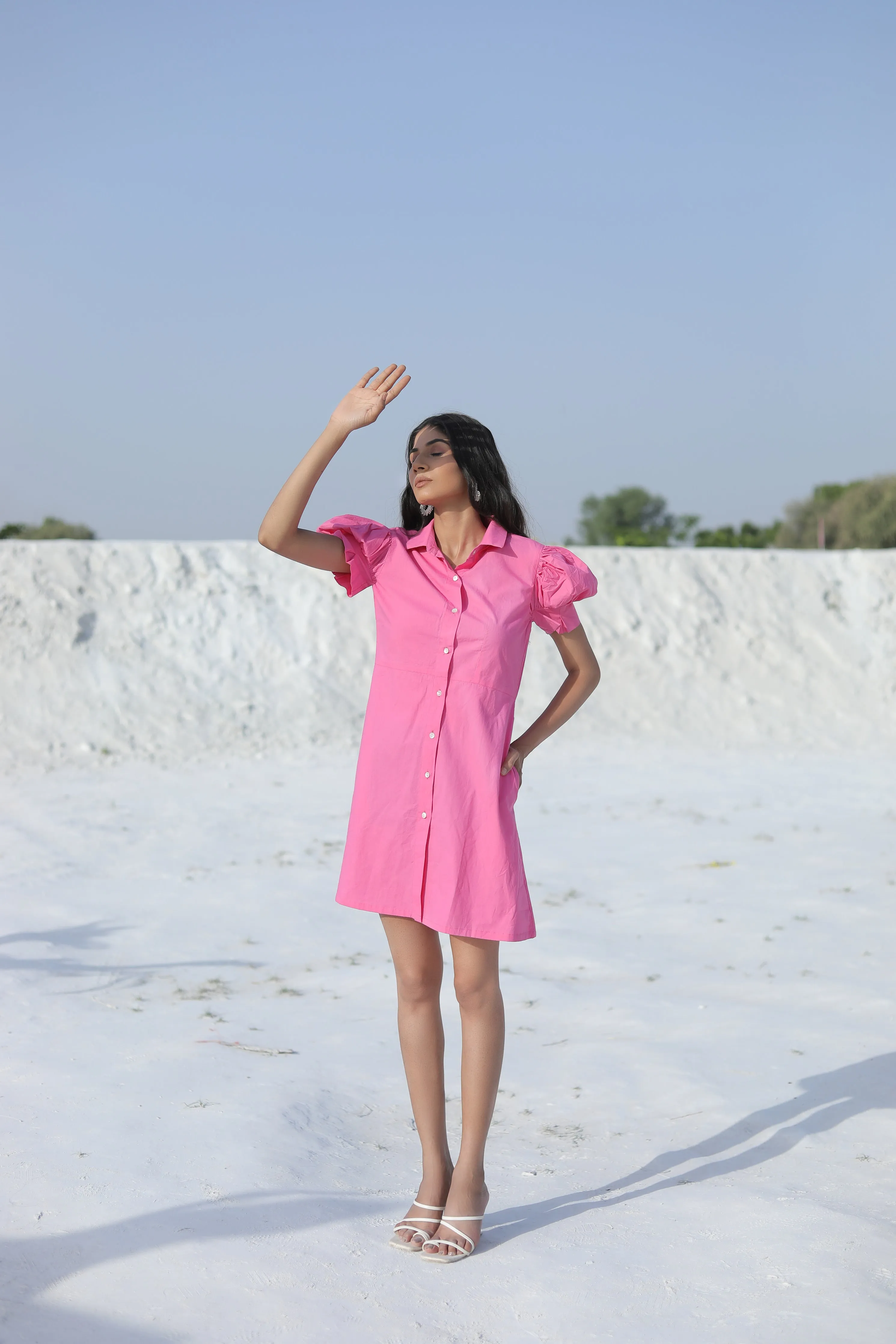 Pink Puff Sleeves in a Short Shirt Collar mini Dress