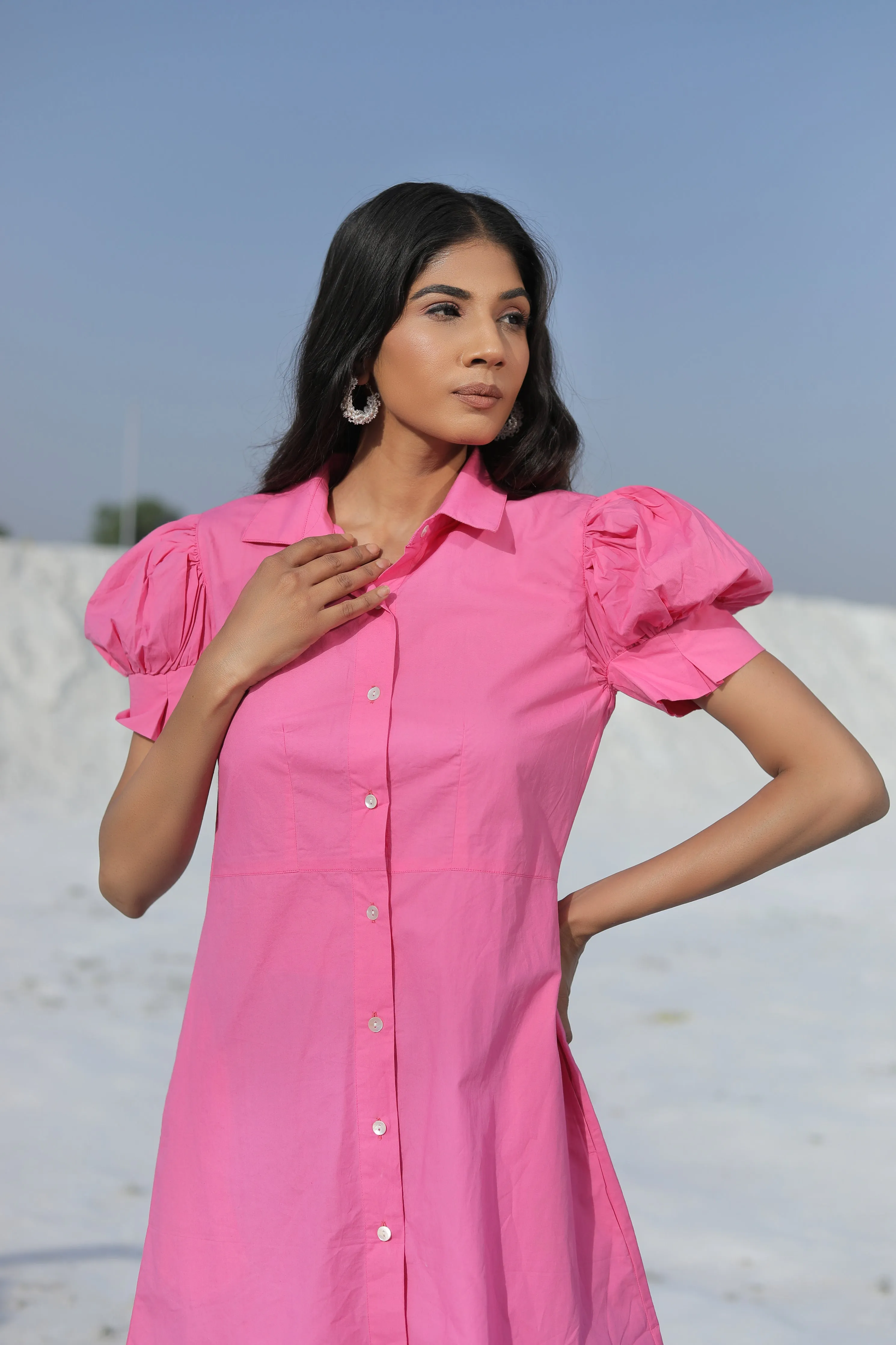 Pink Puff Sleeves in a Short Shirt Collar mini Dress