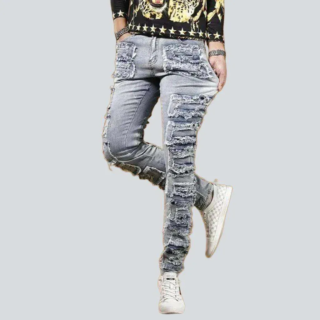 Ripped patch skinny men's jeans
