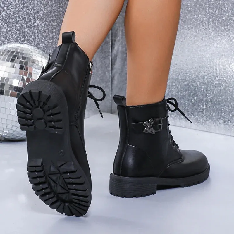 Sohiwoo Punk Butterfly Buckle Ankle Boots Women Black Pu Leather Lace Up Motorcycle Boots Woman Non Slip Platform Combat Botas Mujer 42