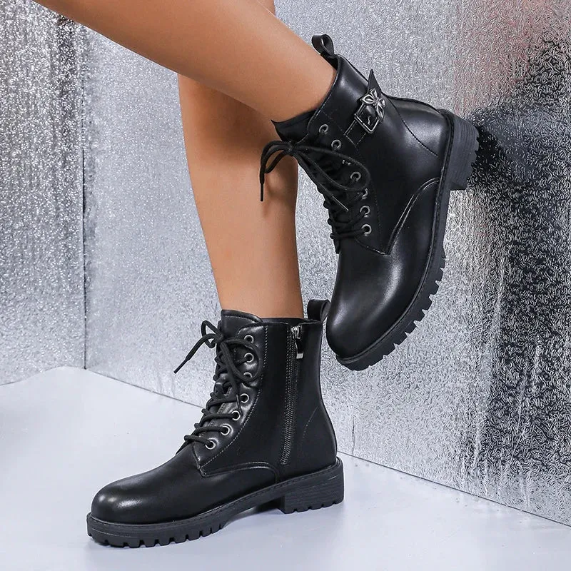 Sohiwoo Punk Butterfly Buckle Ankle Boots Women Black Pu Leather Lace Up Motorcycle Boots Woman Non Slip Platform Combat Botas Mujer 42