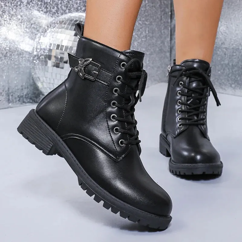 Sohiwoo Punk Butterfly Buckle Ankle Boots Women Black Pu Leather Lace Up Motorcycle Boots Woman Non Slip Platform Combat Botas Mujer 42