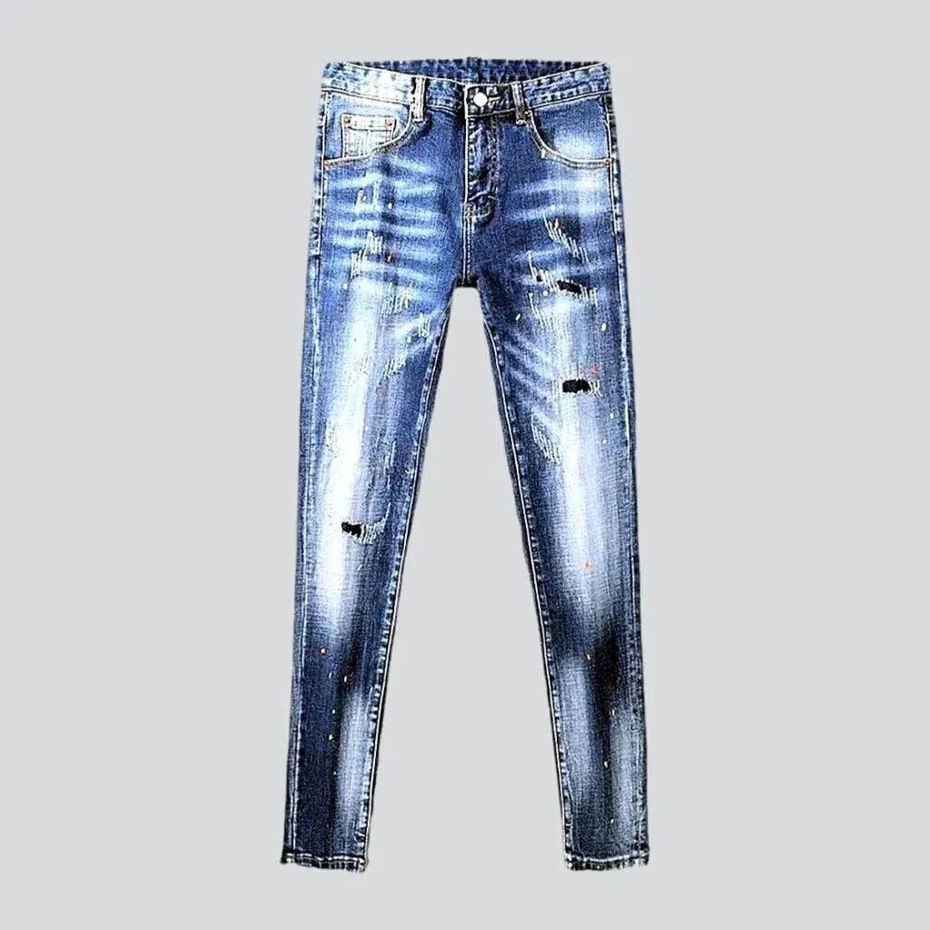 Whiskered medium wash jeans
 for men