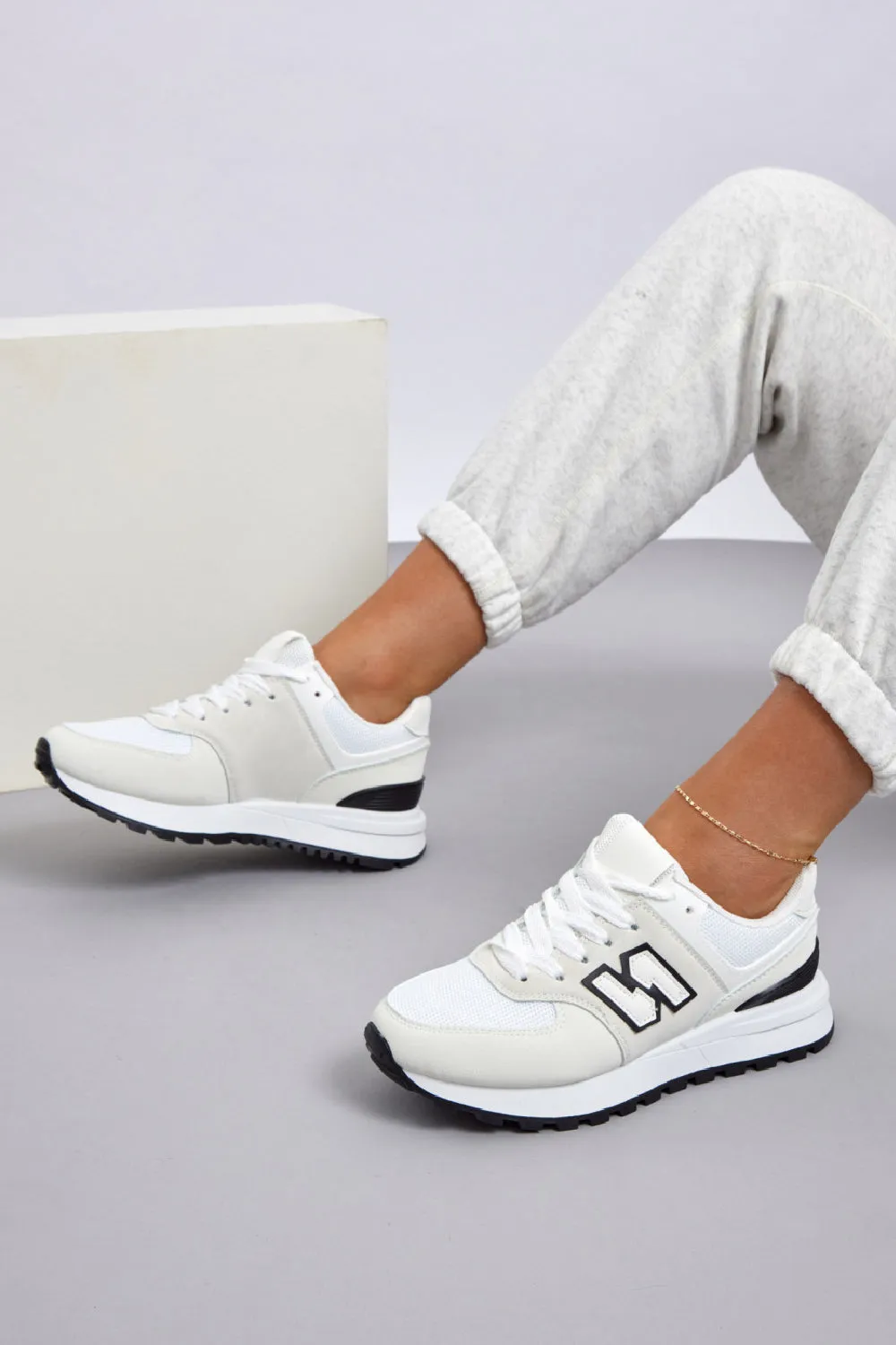 WHITE LACE UP SIDE DETAIL CHUNKY FASHION DESIGNER TRAINERS