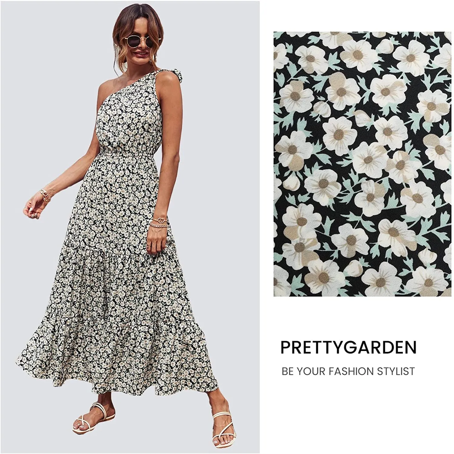 Women's Summer Floral One Shoulder Ruffled Hem Maxi Dresses
