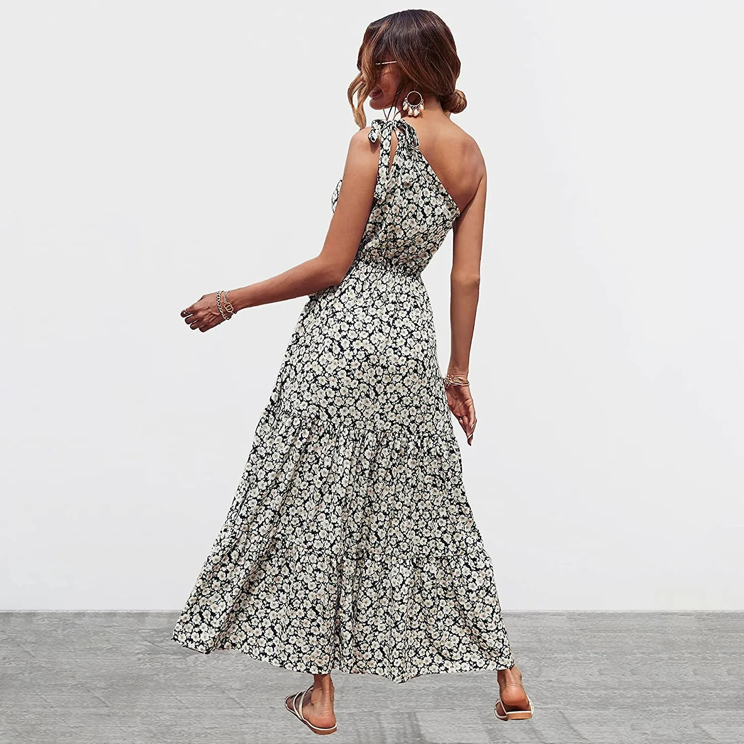 Women's Summer Floral One Shoulder Ruffled Hem Maxi Dresses