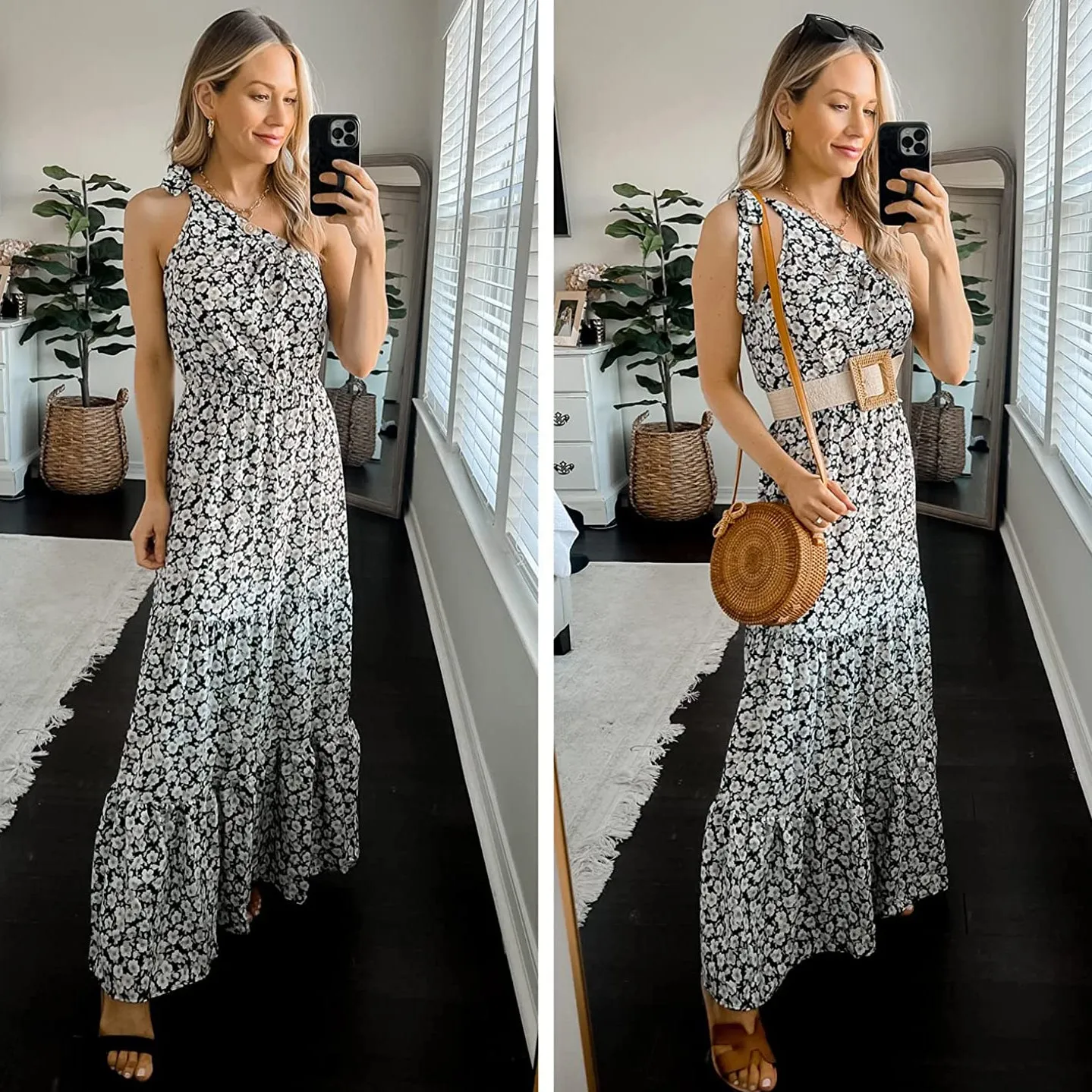 Women's Summer Floral One Shoulder Ruffled Hem Maxi Dresses