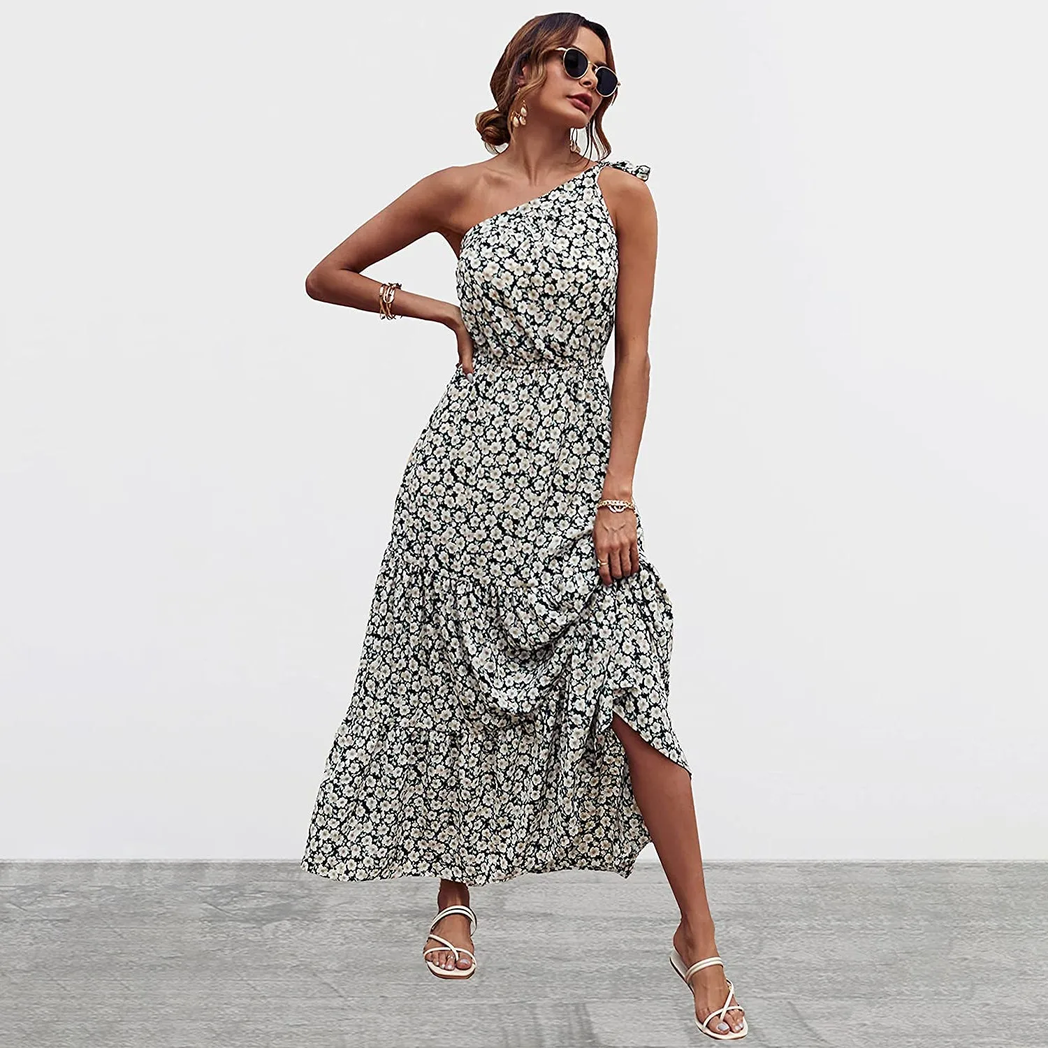 Women's Summer Floral One Shoulder Ruffled Hem Maxi Dresses